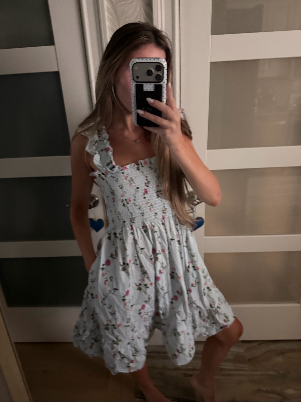 Hill House Light Blue Floral Ruffle-Shoulder Dress